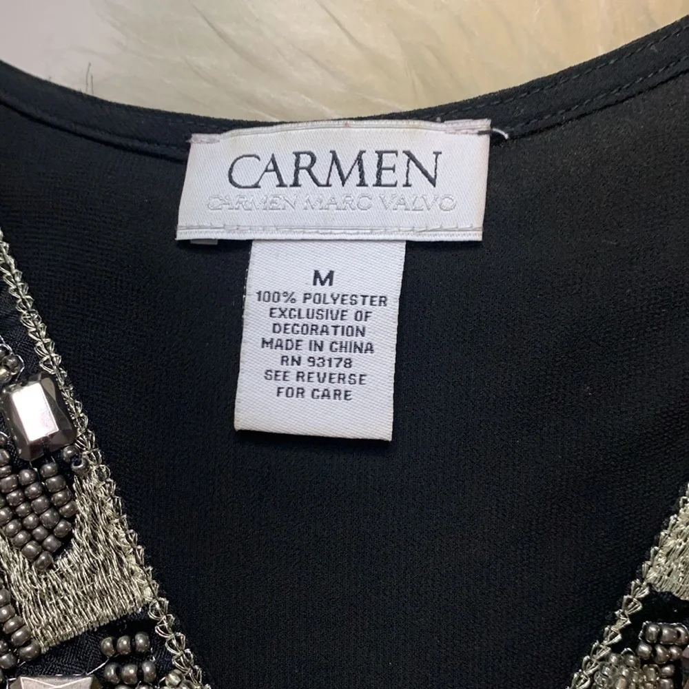 Carmen Marc valvo sleeveless black sheer beated V-neck top - Picture 3 of 5